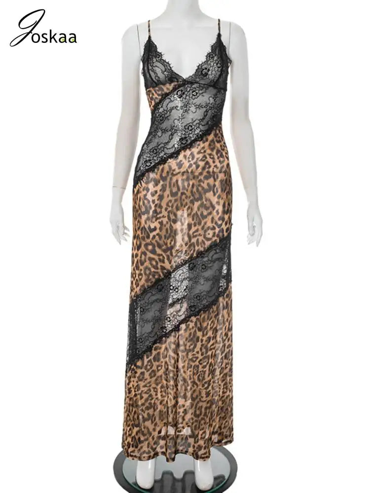 Women's Leopard Print Lace Bodycon Maxi Dress Leopard Print – Back View