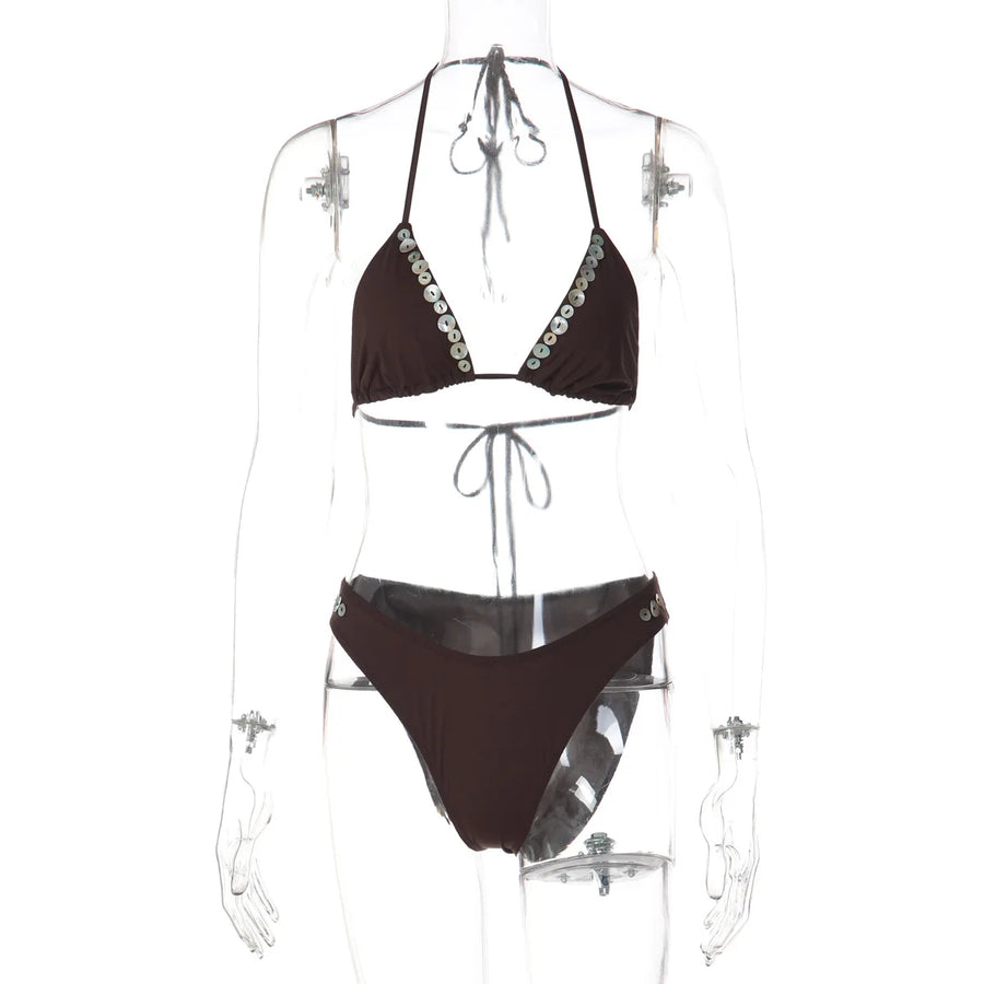 Women's Halter Swimwear Shell Buckle Bikini Set
