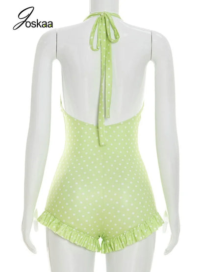 Women's Polka Dot Backless V-neck Halter Romper - Detail View