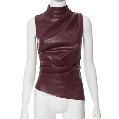 Women's Faux Leather Zip Stretch Vests Top