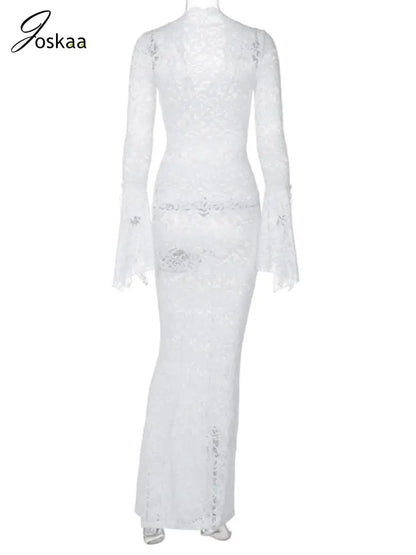 Women's Lace Long Sleeve Bodycon Maxi Dress White – Detail View