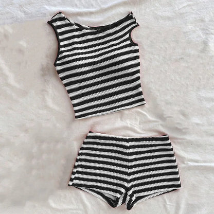 Women's Stripe Knit Crop Bodycon Two Piece Set