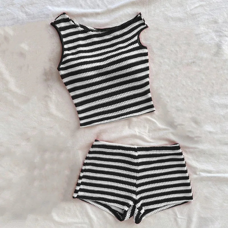 Women's Stripe Knit Crop Bodycon Two Piece Set