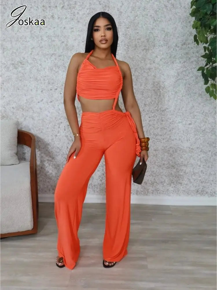 Women's Backless Cutout Halter Wide Leg Romper Orange – Back View
