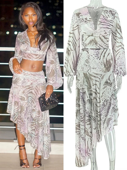 Women's Zebra Print Snake Print Mesh V-neck Two Piece Set - Detail View 7