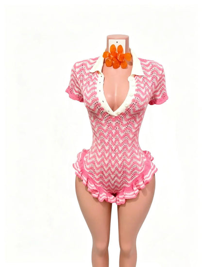 Women's Striped Ribbed Knit Bodycon Romper - Detail View 10