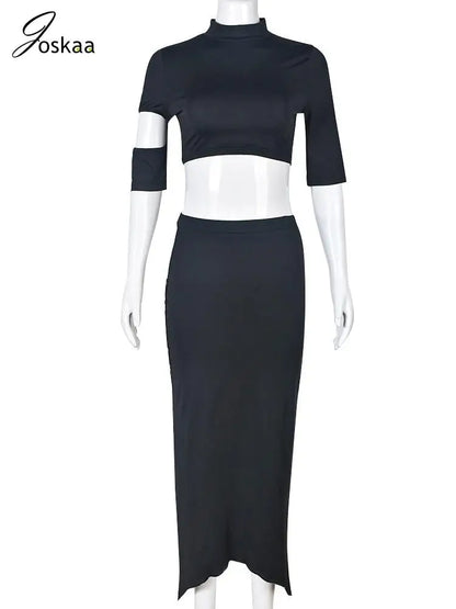 Women's Cutout Short Sleeve Crop Two Piece Set Black – Back View