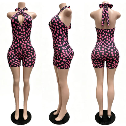 Women's Polka Dot Lace Backless Halter Romper