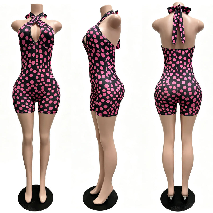 Women's Polka Dot Lace Backless Halter Romper