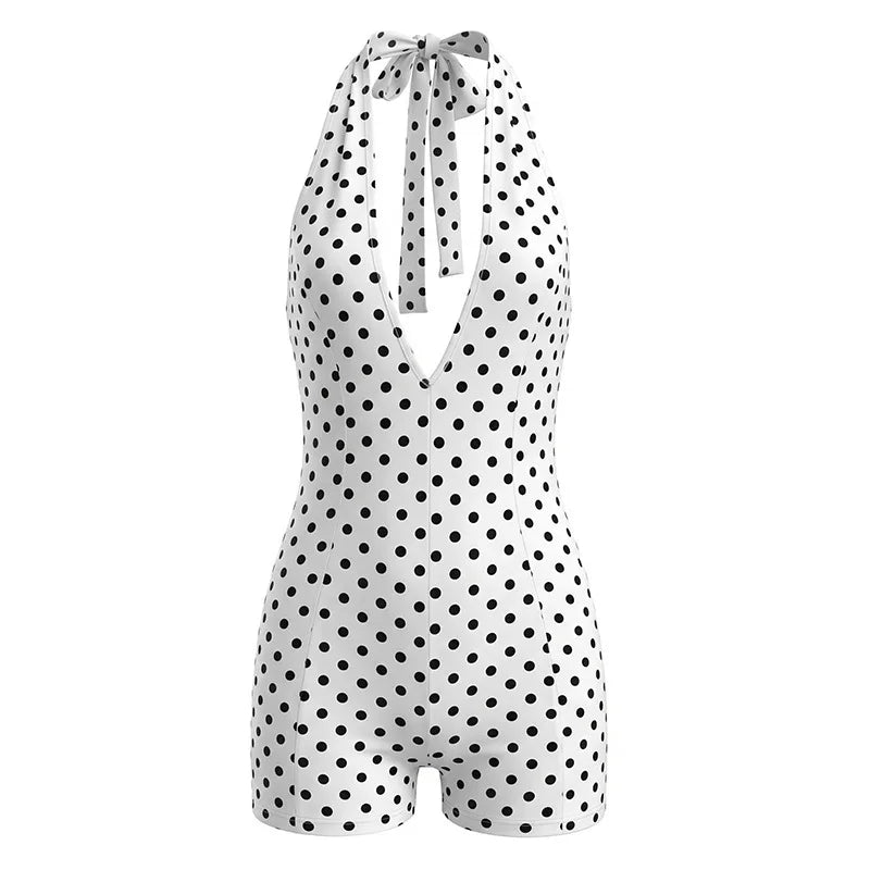 Women's Polka Dot Backless V-neck Halter Romper - Additional View 7