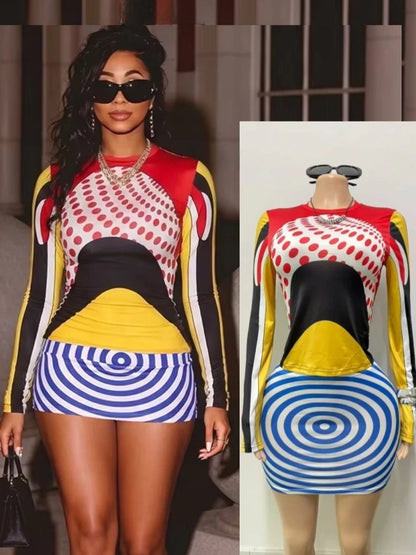 Women's Polka Dot Striped Swirl Print Long Sleeve Two Piece Set - Front View