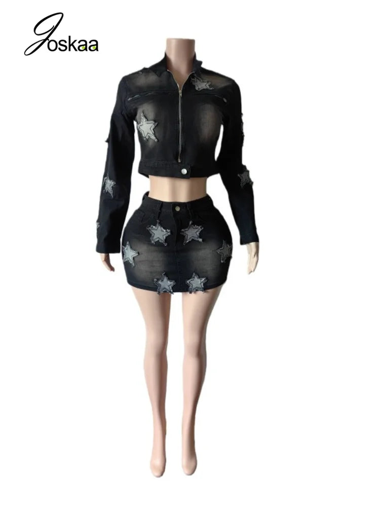 Women's Denim Print Zip Up Long Sleeve High Waist Two Piece Set - Back View