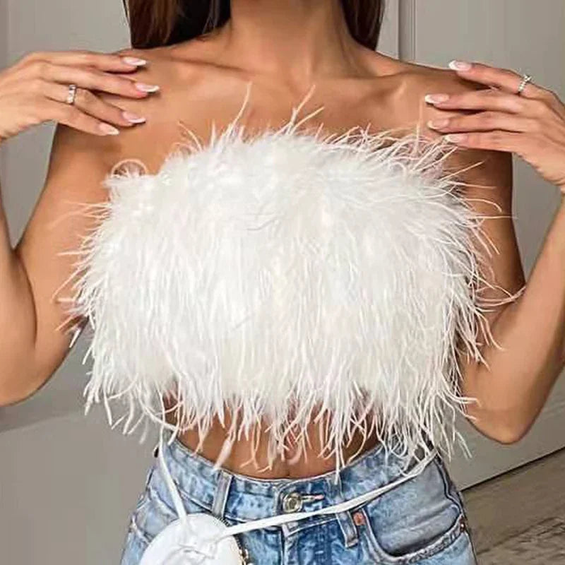 Women's Backless Strapless Crop Feather Tank Top