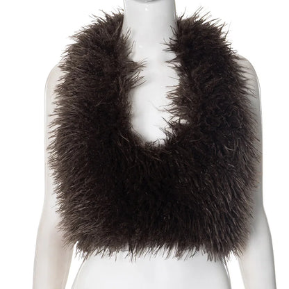 Women's Backless Halter Crop Faux Fur Waistcoat Jacket