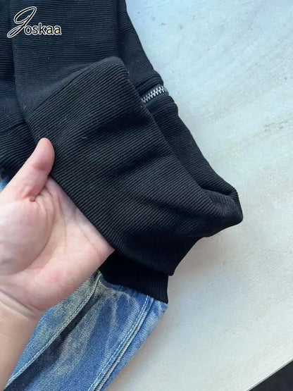 Women's Denim Knit Mini Ribbed Pleated Skirt Black Gray – Detail View