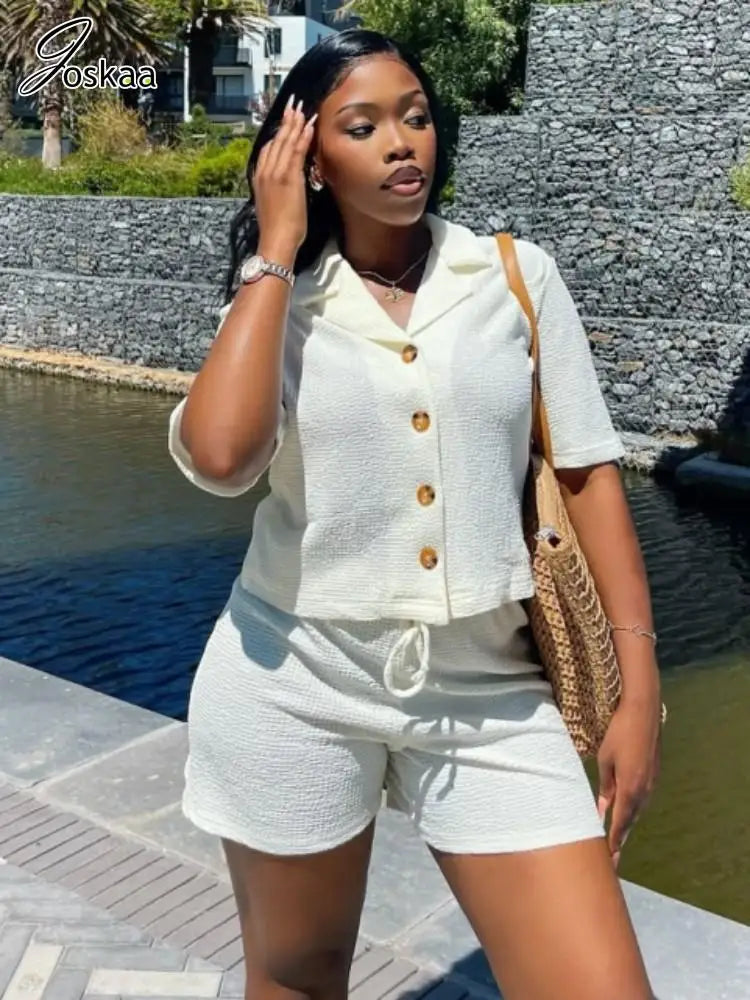 Women's Short Sleeve Concise Button Shirts Two Piece Set – Women's Fashion Wholesale – Front View