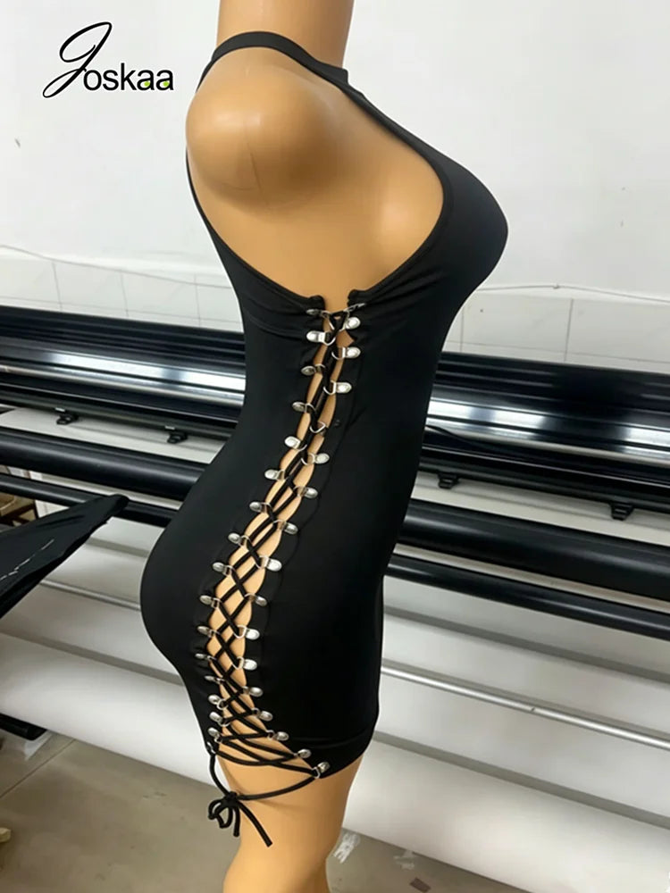 Women's Lace Cutout Sleeveless Mini Dress Black – Detail View