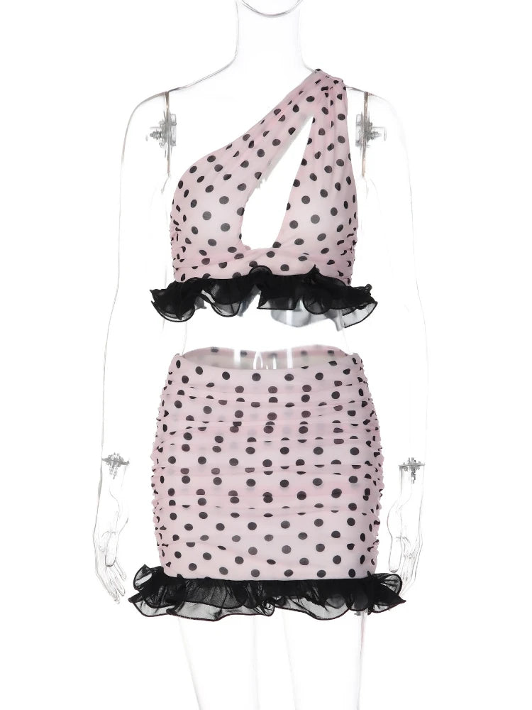 Women's Polka Dot Ruched Cutout One Shoulder Two Piece Set