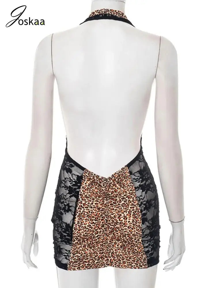Women's Leopard Print Lace Backless Mini Dress Black – Detail View