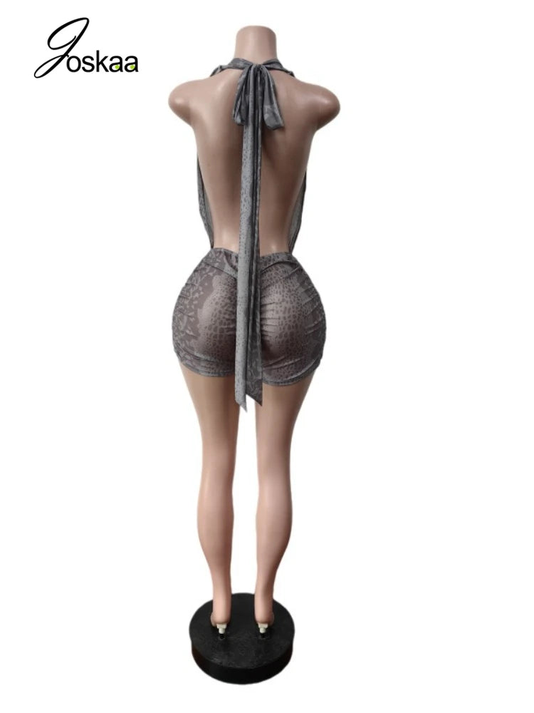 Women's Lace Mesh Backless Halter Romper Light Gray – Detail View