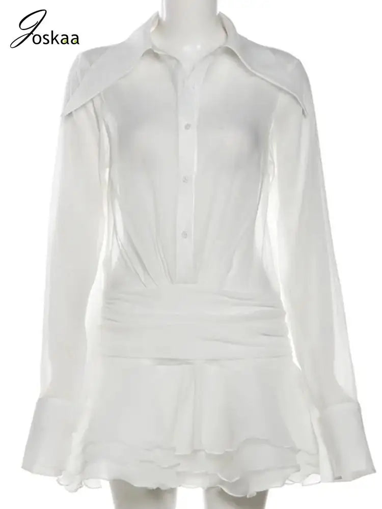 Women's Mesh Long Sleeve White Lapel Single Mini Dress White – Back View