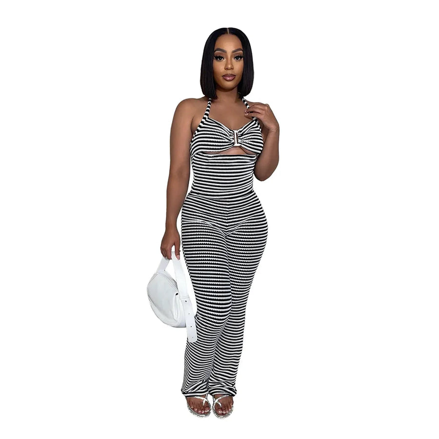 Women's Stripe Cutout Halter Two Piece Set
