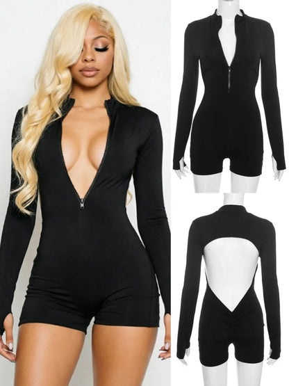 Women's Ruched Cutout Zip Up Long Sleeve Romper - Additional View 8