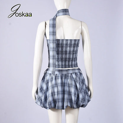 Women's Backless Halter Plaid Two Piece Set Blue – Detail View