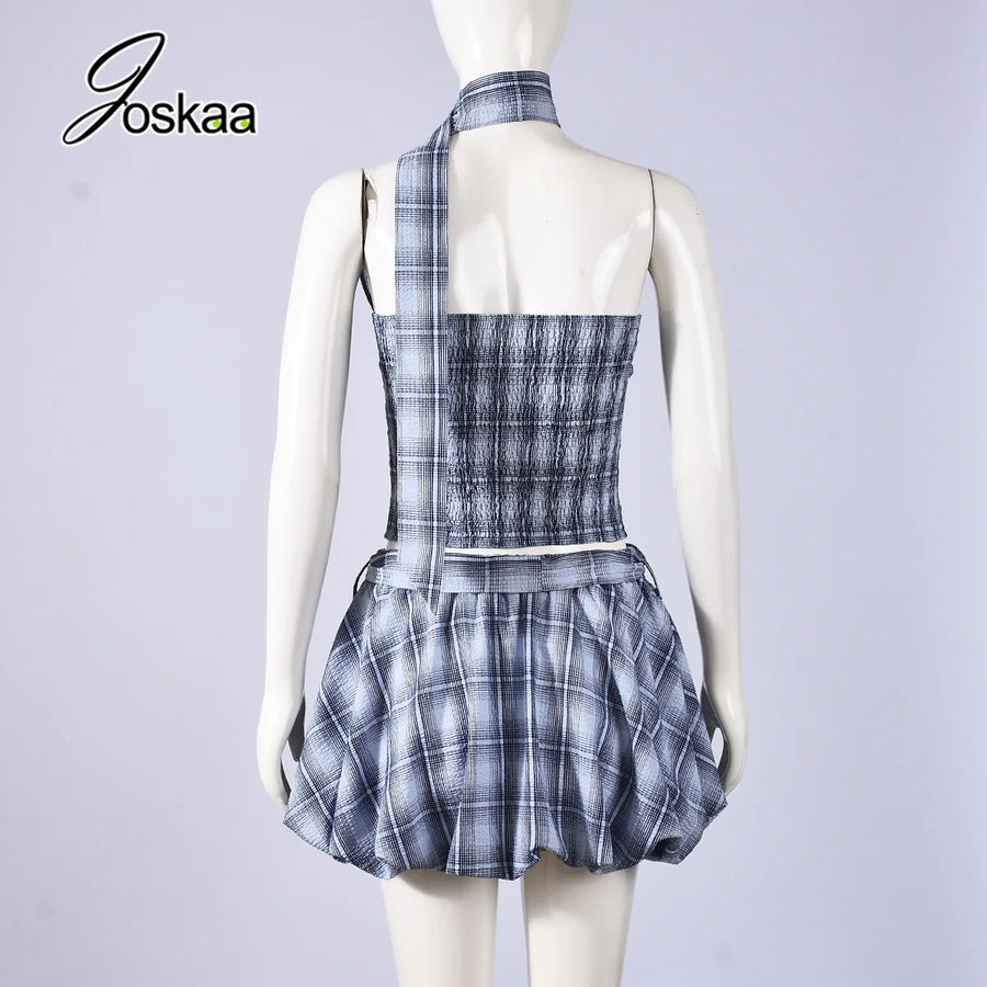 Women's Backless Halter Plaid Two Piece Set Blue – Detail View