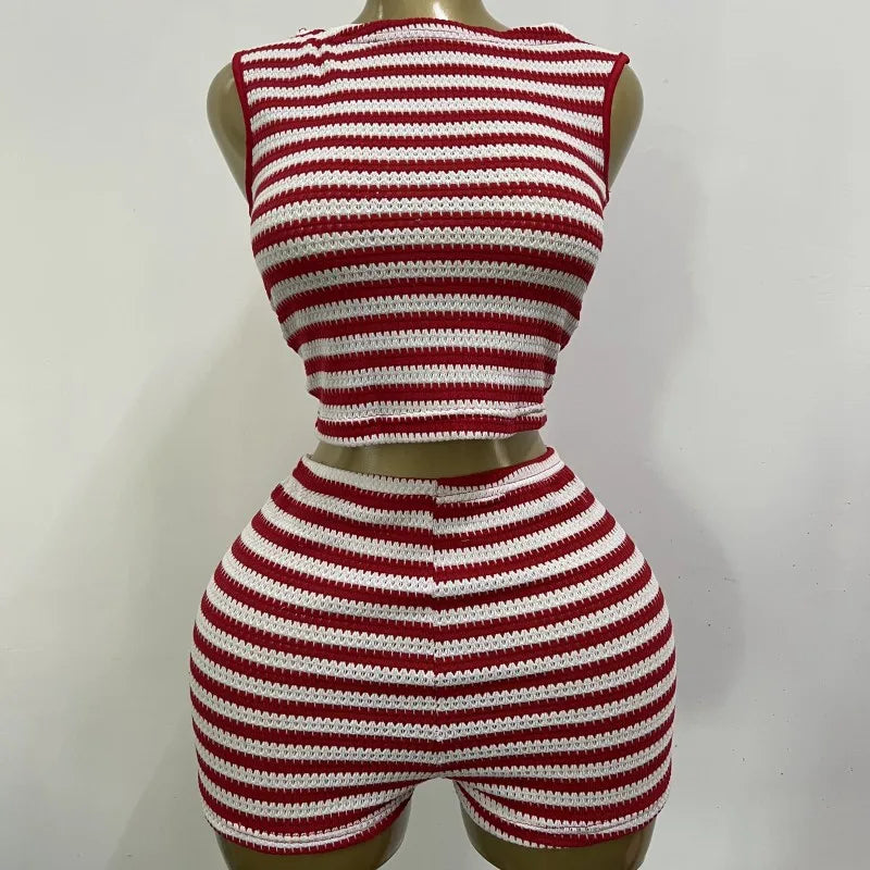 Women's Stripe Knit Crop Bodycon Two Piece Set