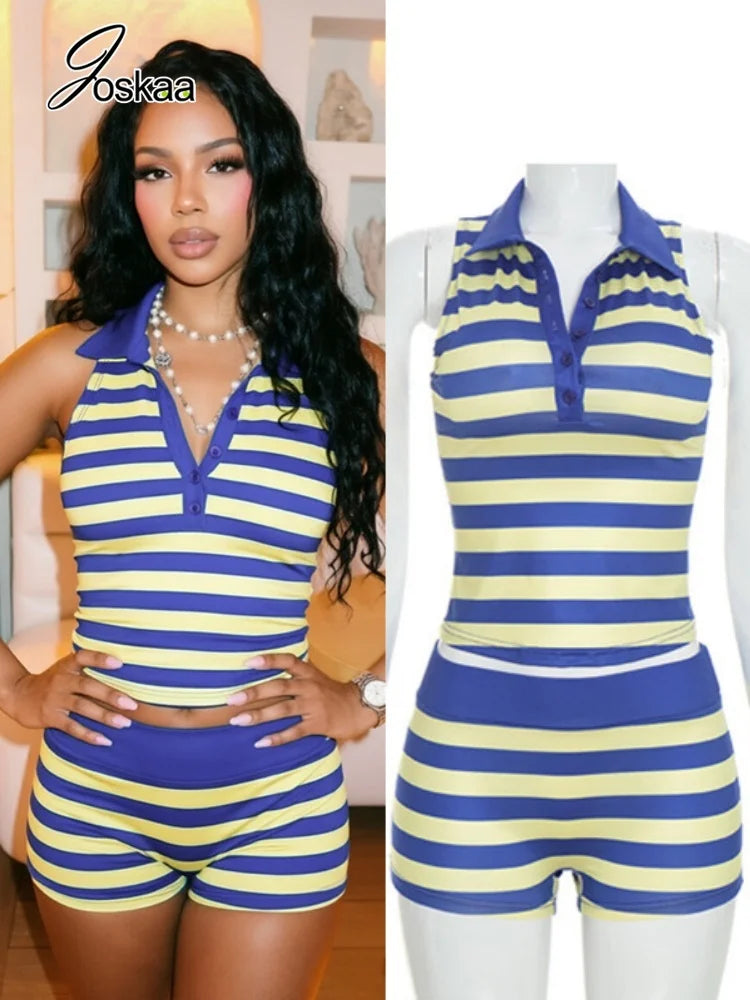 Women's Striped Sleeveless High Waist Two Piece Set - Women's Fashion Wholesale - Front View