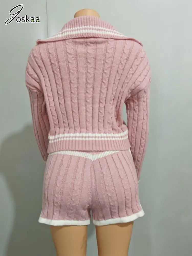 Women's Stripe Knit Long Sleeve Two Piece Set Pink – Detail View