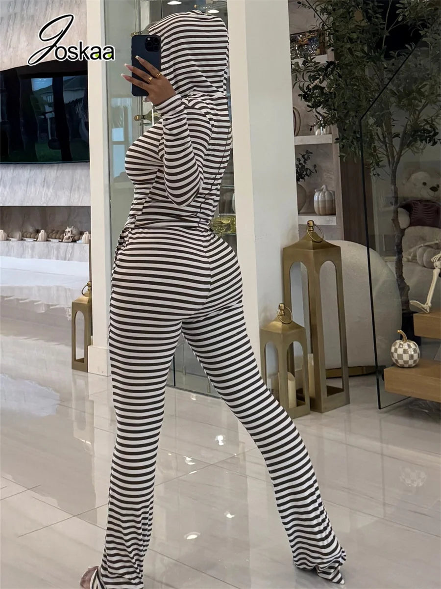 Women's Striped Long Sleeve Wide Leg Two Piece Set - Detail View