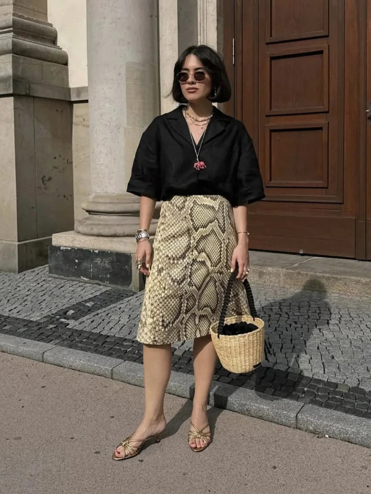 Wholesale Women's Snake Print High Waist Skirt Yellow – Front View