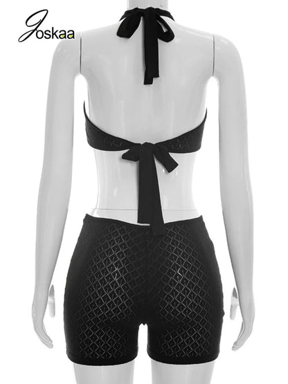 Women's Ribbed Knit Backless Cutout Halter Romper - Detail View