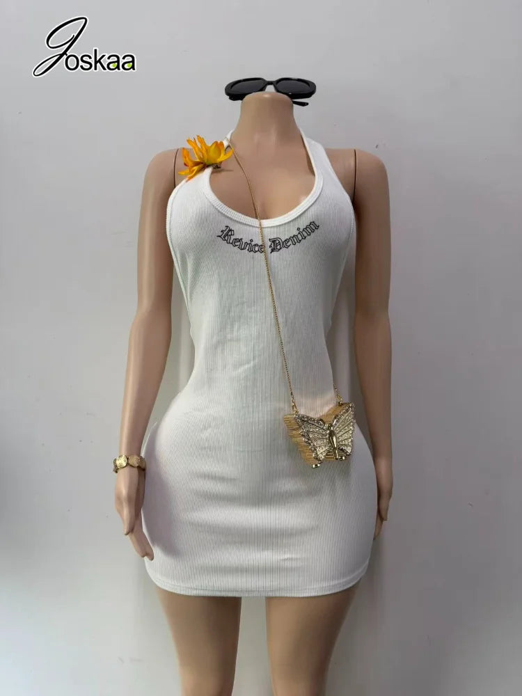 Women's Ribbed Knit Backless Halter Sleeveless Mini Dress - Detail View 3