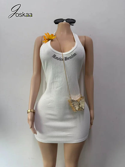 Women's Ribbed Knit Backless Halter Sleeveless Mini Dress - Detail View 3