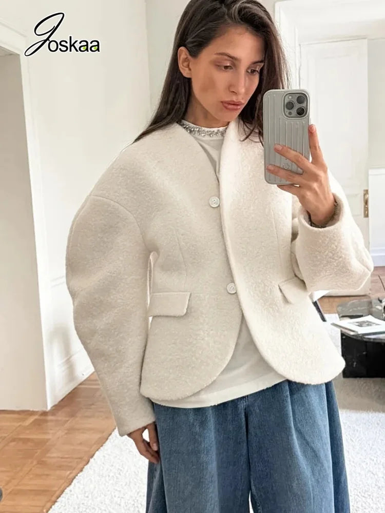 Women's Long Sleeve Fall Thickened Woolen Jacket White – Front View