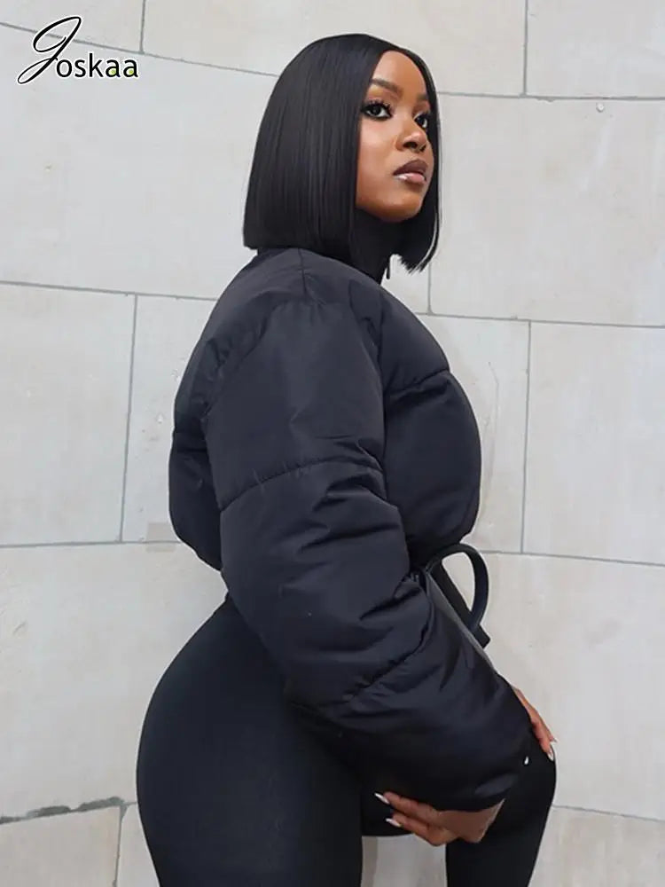 Women's Long Sleeve Zip Black Puffer Jacket Black – Side View