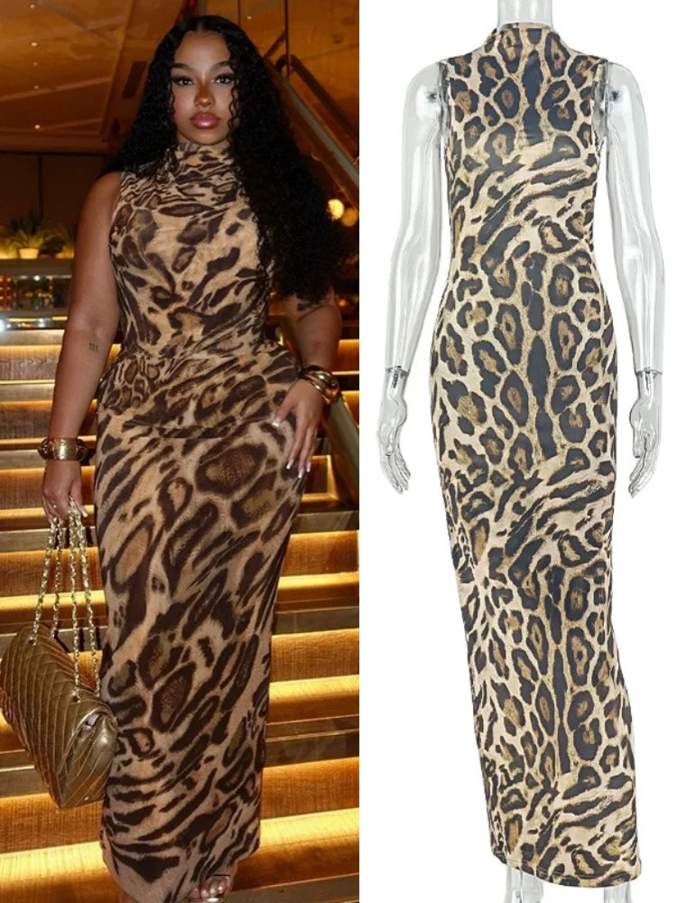Women's Leopard Print Sleeveless Bodycon Maxi Dress - Additional View 8