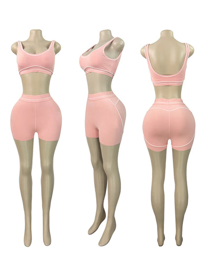 Women's Crop Color Contrast Line Two Piece Set