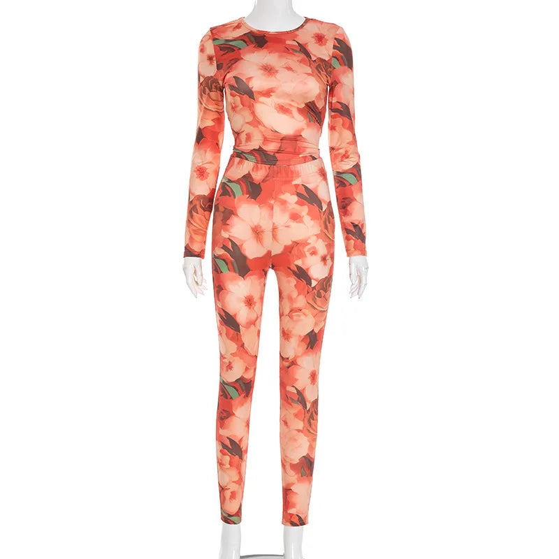 Women's Floral Print Long Sleeve Crop Two Piece Set