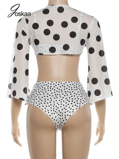Women's Polka Dot Long Sleeve Two Piece Set White – Detail View