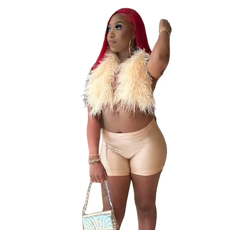Women's Satin Halter Feather for Solid Two Piece Set