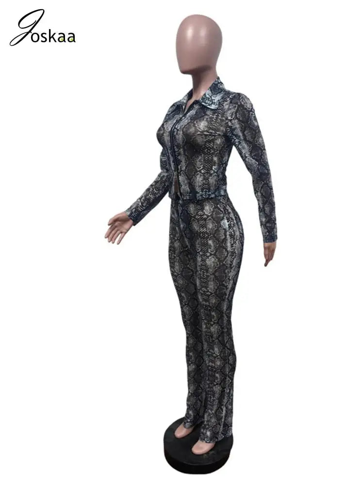 Women's Snake Print Mesh Long Sleeve Two Piece Set Black – Detail View