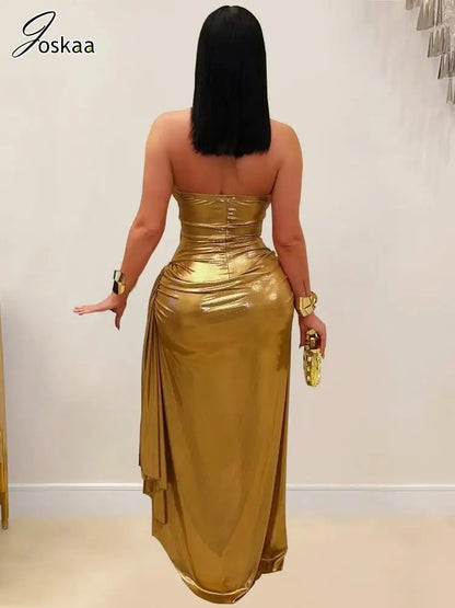 Women's Ruched Cutout Halter Sleeveless Maxi Dress Golden – Front View