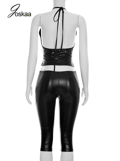 Women's Backless Halter Crop Two Piece Set Black – Detail View