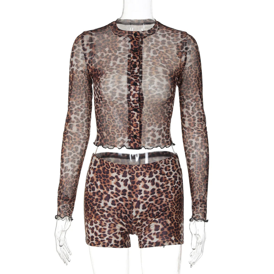 Women's Leopard Print Mesh Long Sleeve Two Piece Set