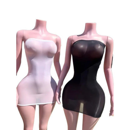 Women's Mesh Bodycon Ultra Thin Oil Mini Dress White – Front View