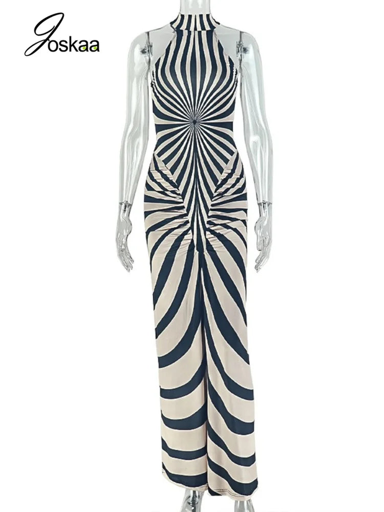Women's Striped Ruched Sleeveless Bodycon Maxi Dress - Back View